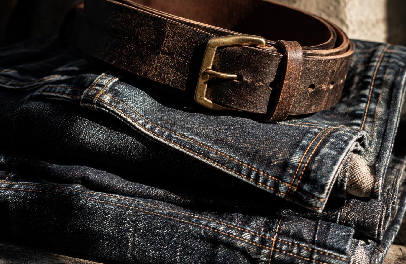 Close-up of folded raw denim with a worn leather belt in hard sunlight