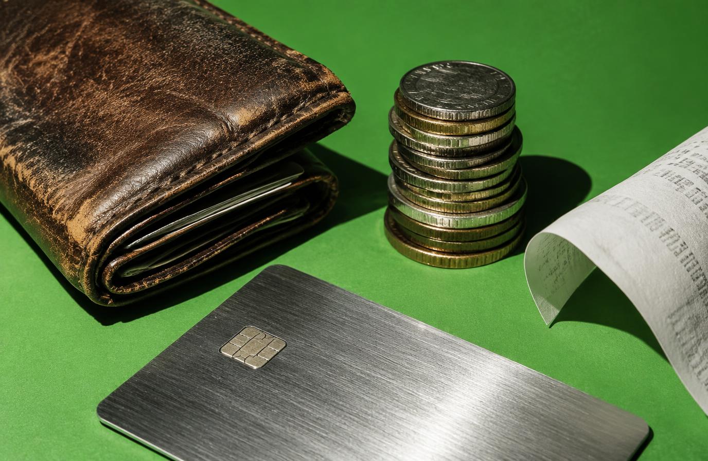 Worn leather wallet, stack of coins, metal card and curling receipt on a bright green background