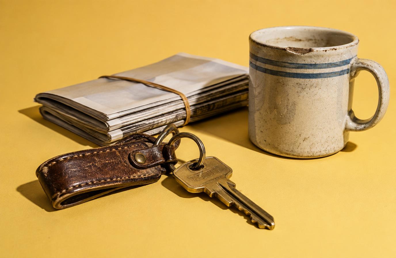 Brass key on a leather fob beside folded papers and a chipped mug on a yellow background