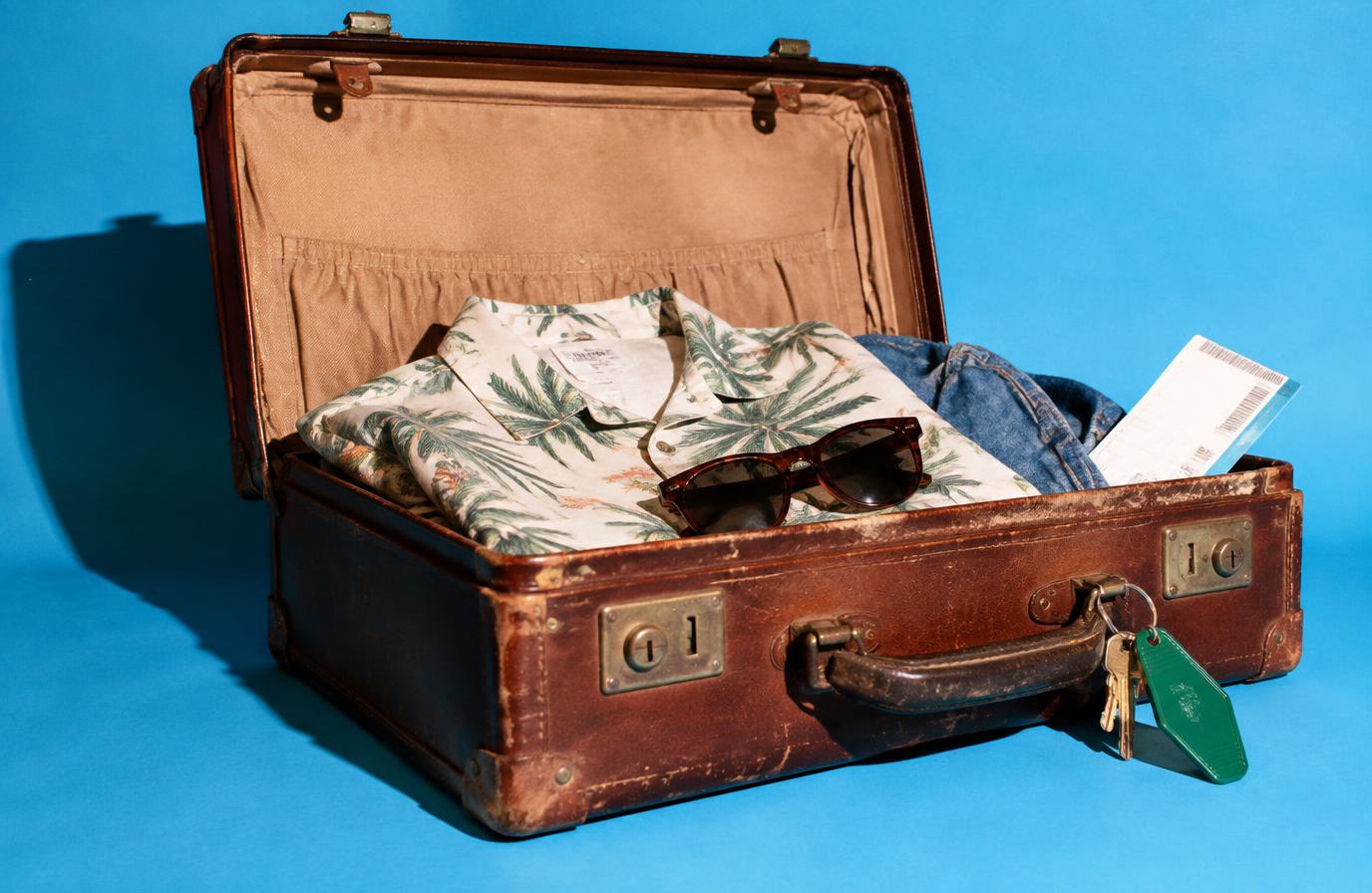 Battered open suitcase with a shirt, sunglasses, ticket stub and room key on a bright blue backdrop