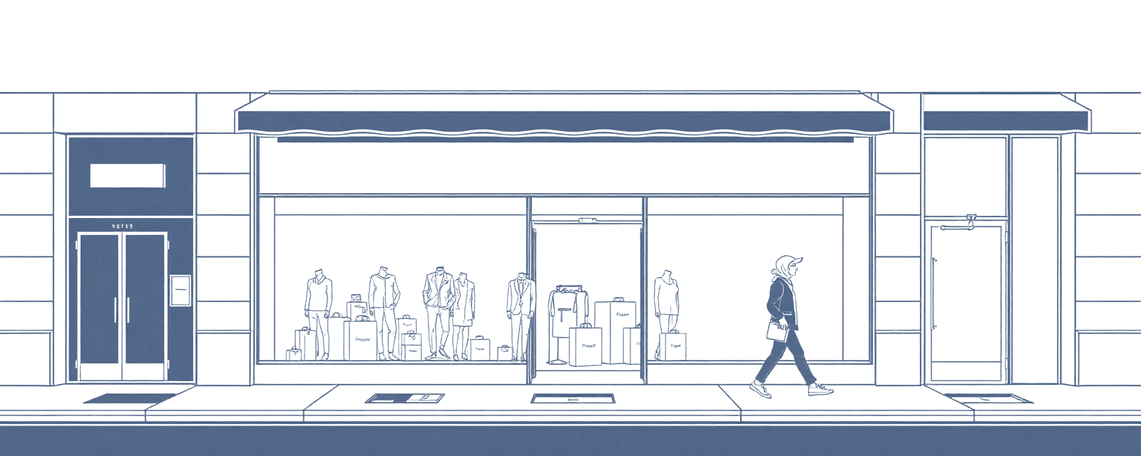 Line drawing of a retail storefront with display window and passerby