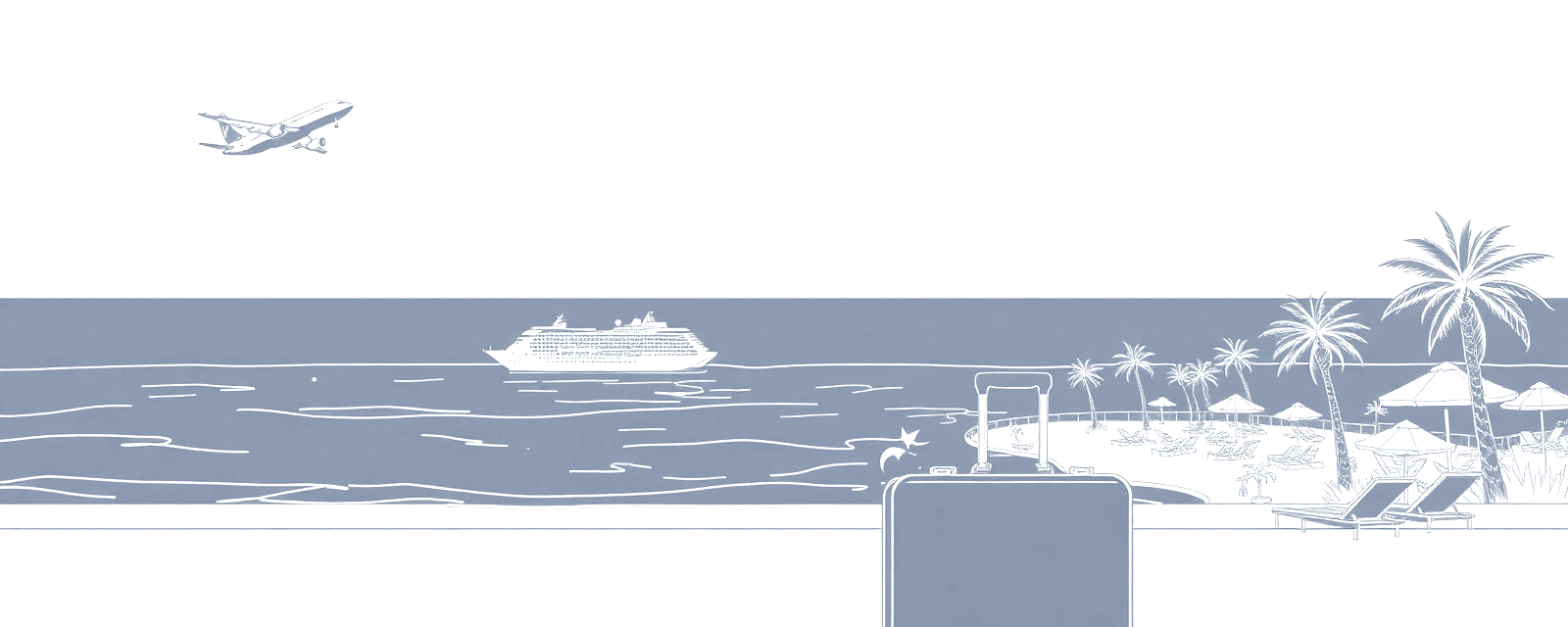 Line drawing of an airliner, cruise ship and coastal resort